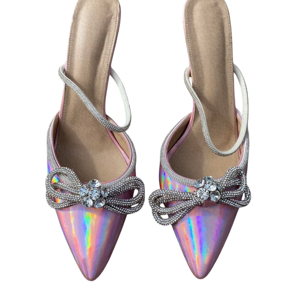 ✨ Pink Holographic Bow Heels – Chic & Sparkly Statement Shoes!